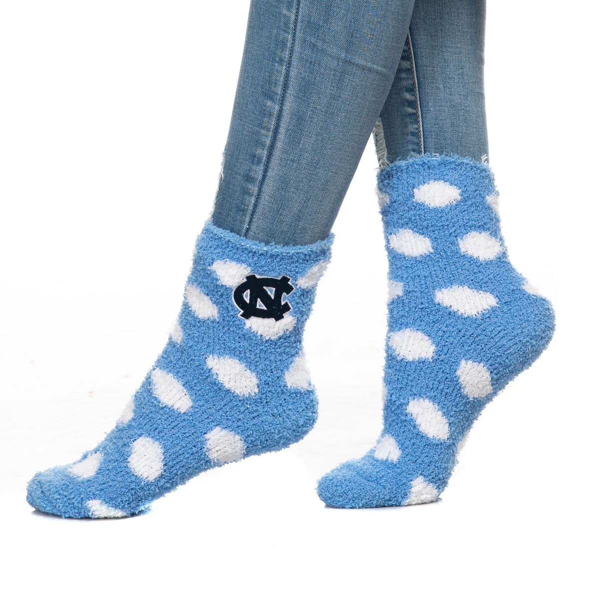 Fuzzy Polka Dot UNC Blue Socks