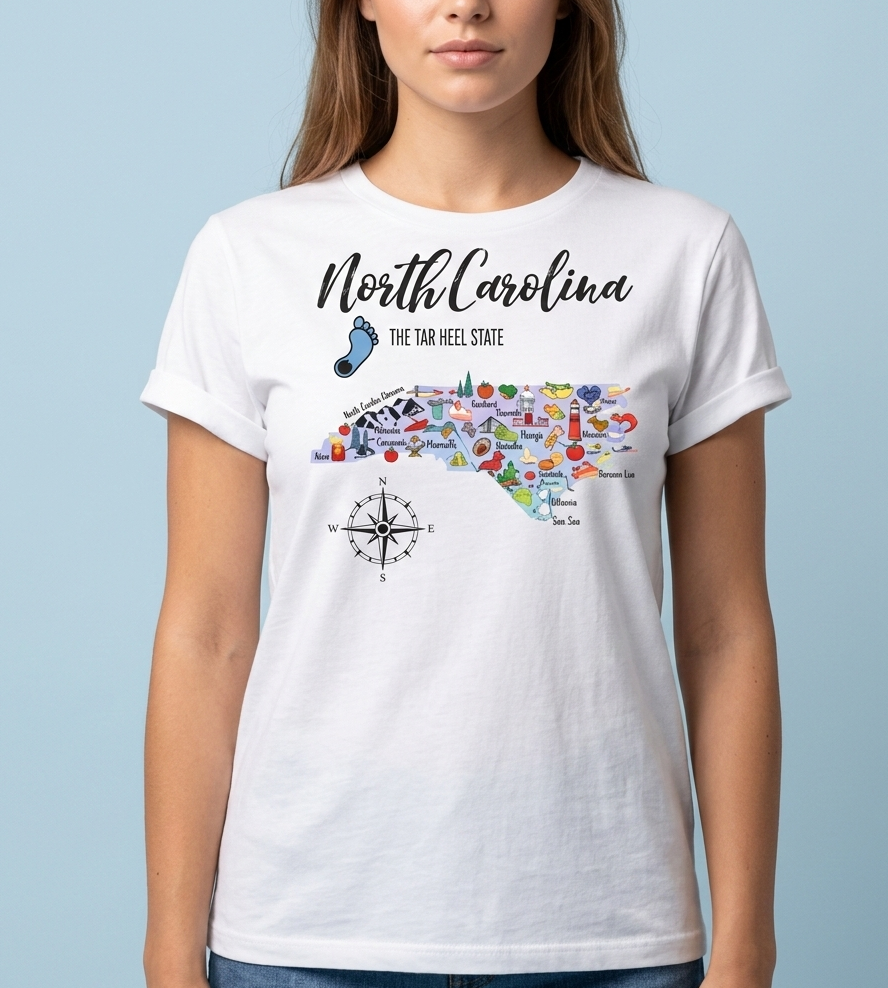 North Carolina State Map Soft Cotton T-Shirt Tee
