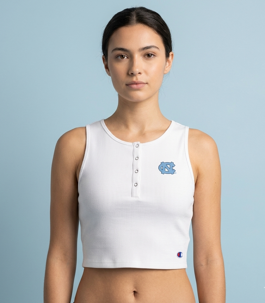 UNC Logo White Ribbed Henley Crop Tank